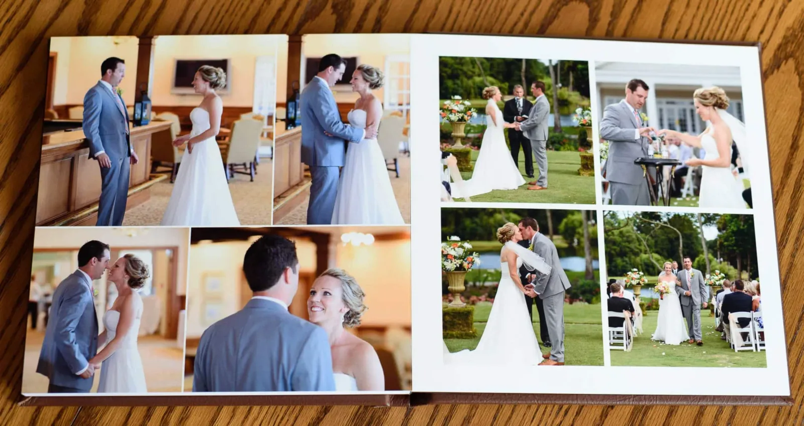Standard album spread with an indoor first look and the outdoor ceremony