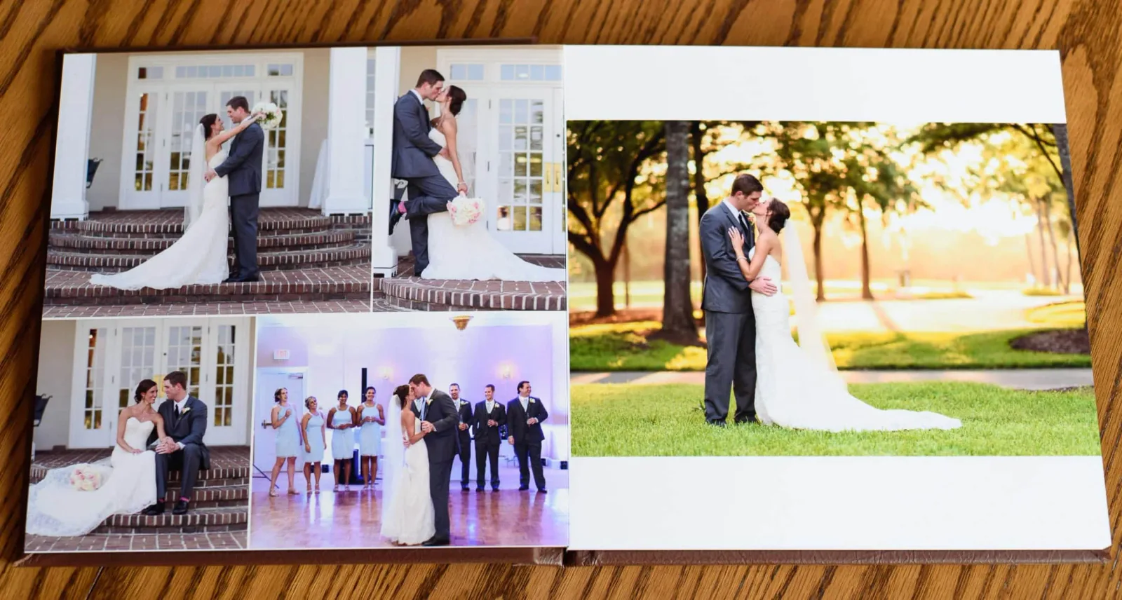 Standard album spread with portraits on the clubhouse steps, the first dance and a sunset portrait on the lawn