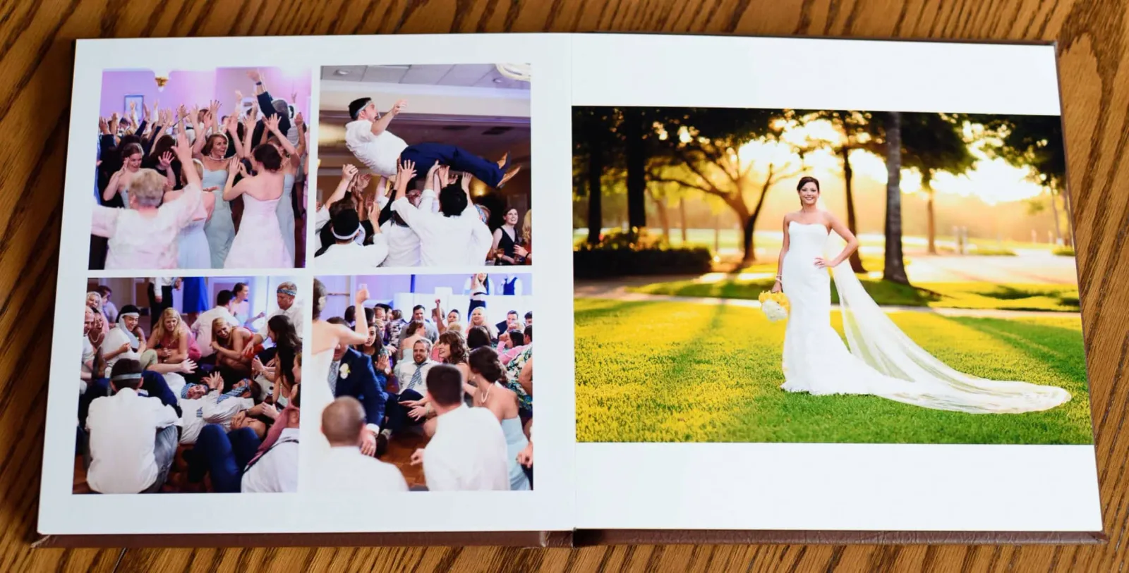 Standard album spread with reception dancing photos and a bridal portrait in the sunset