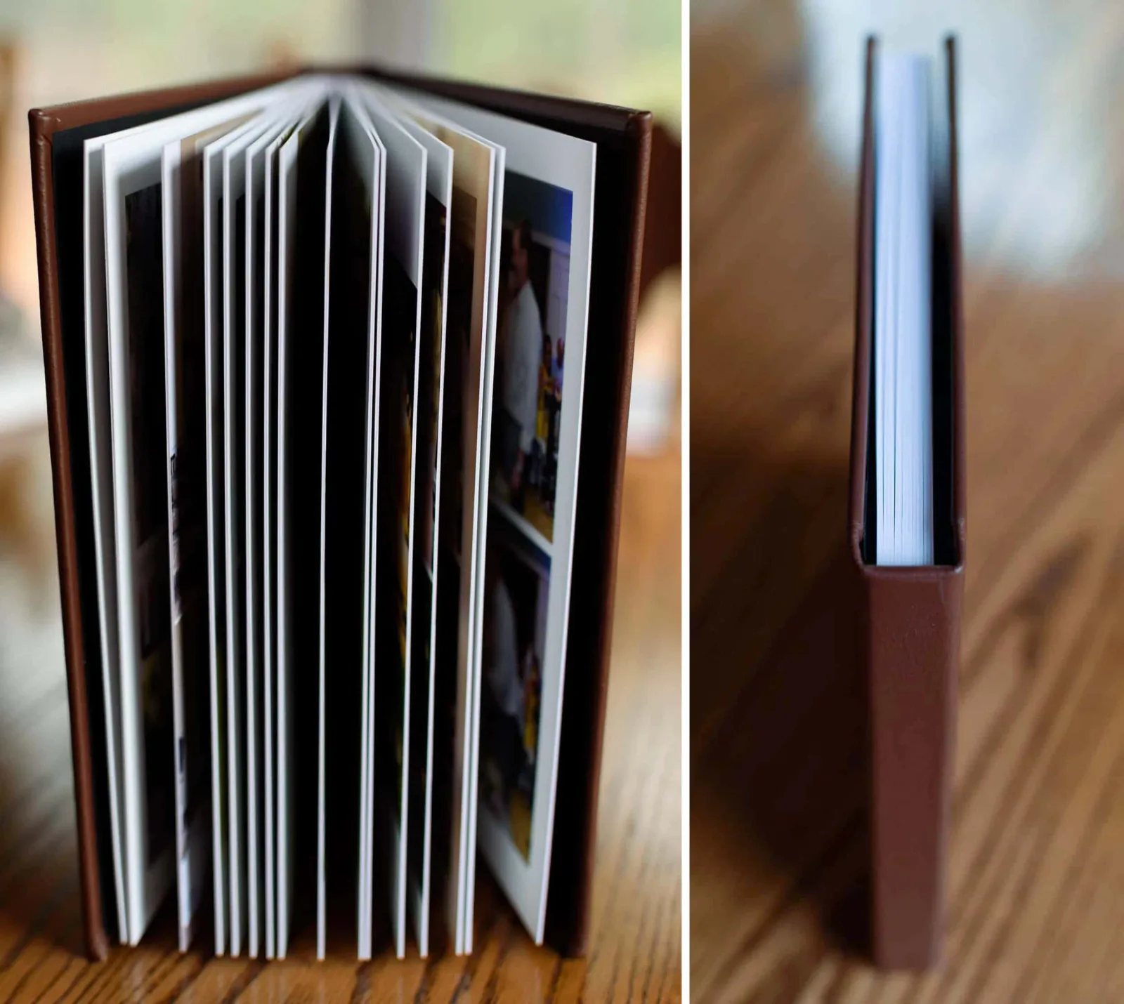 Standard wedding album standing open with its thick pages fanned out, next to a side view of the closed album