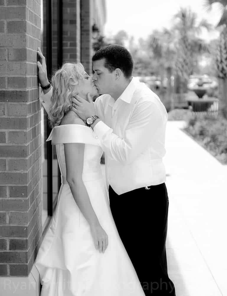 Black and white wedding portrait The Market Commons in Myrtle Beach