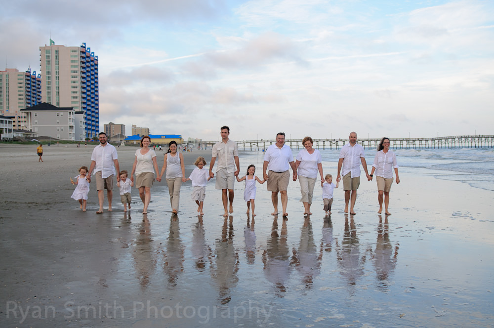Large family walking on the beach in Cherry Grove
