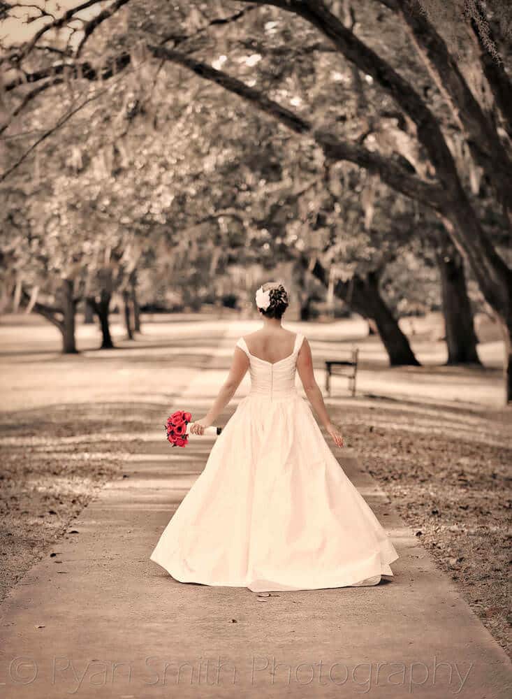 Bride walking down path with some nice color effects