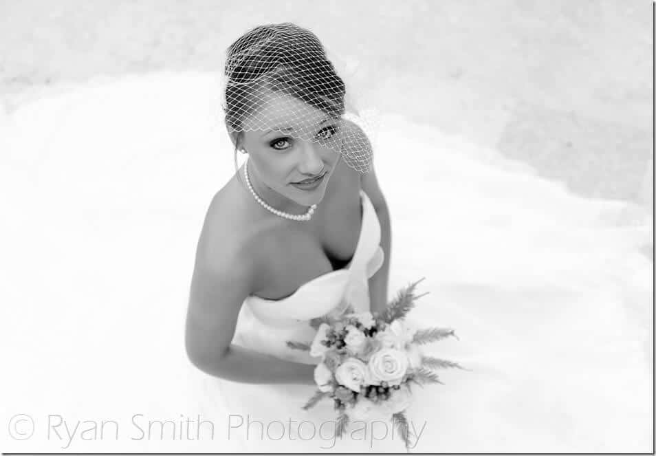 Bride looking up in black and white