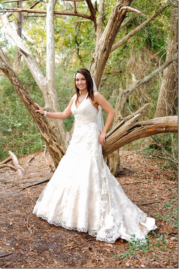 Bride leaning against oak tree - Myrtle Beach State Park