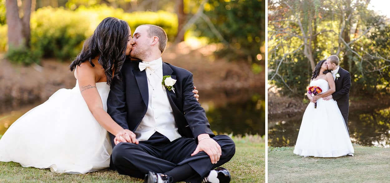Romantic portraits on the grass in front of the small lake