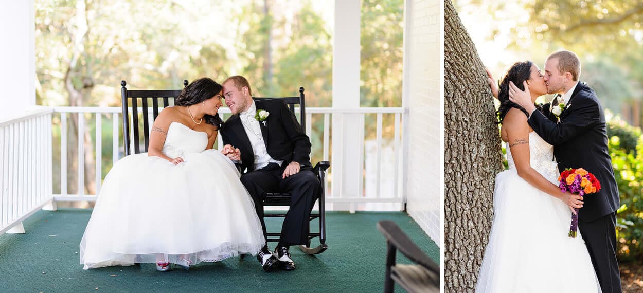 Bride and groom on the front porch of the Litchfield Country Club