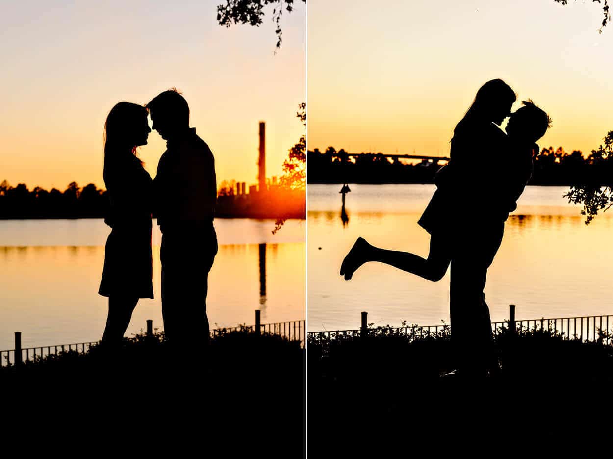 Silhouette of couple for engagement portraits by water in Georgetown, SC