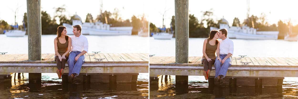 Sunset engagement portraits on a dock by the water in Georgetown