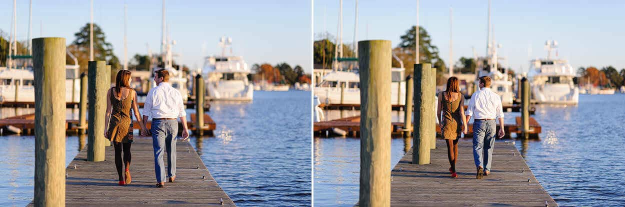 Sunset engagement portraits on a dock by the water in Georgetown