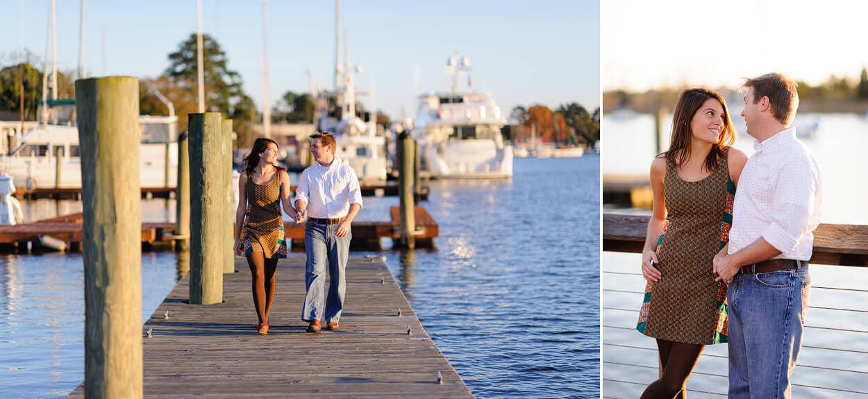 Couple walking together on boardwalk at historic Georgetown, SC