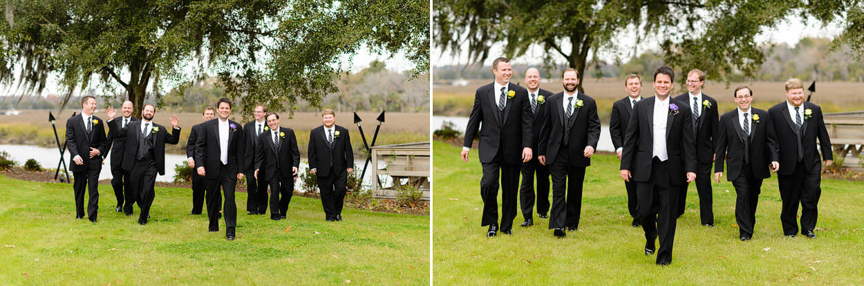 Pictures of the groomsmen having fun together before the ceremony, Magnolia Plantation, Charleston 