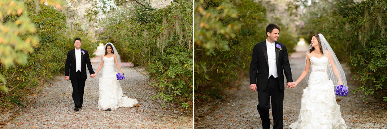 Bride and groom holding hands and walking down a path - Magnolia Plantation - Charleston