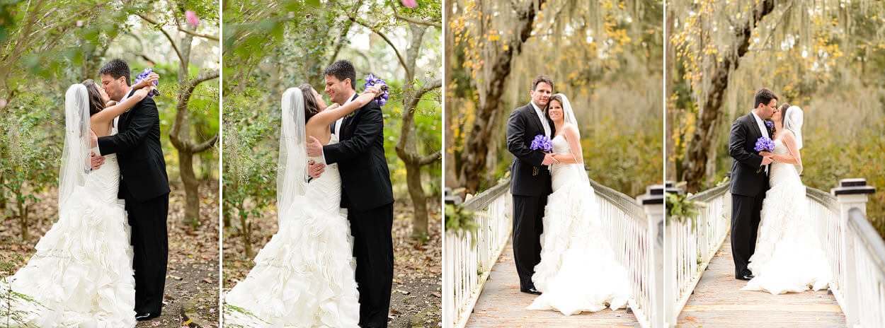 Bride and groom kissing on the white bridge - Magnolia Plantation - Charleston