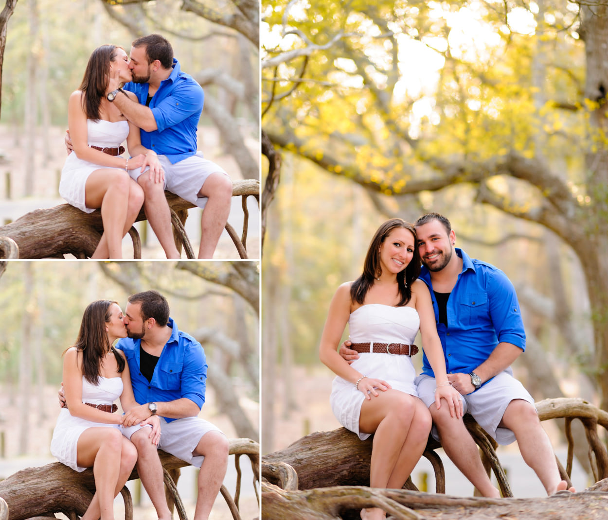 Couple sitting on the oak tree branch with sunlight coming through the trees