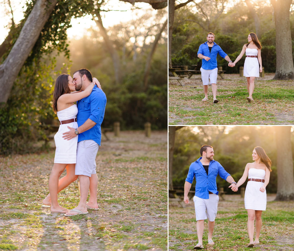 Engagement portrait backlit by rays of sunlight through the trees - Myrtle Beach