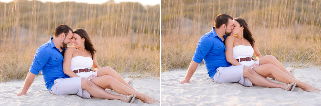 Couple kissing in front of the sea oats