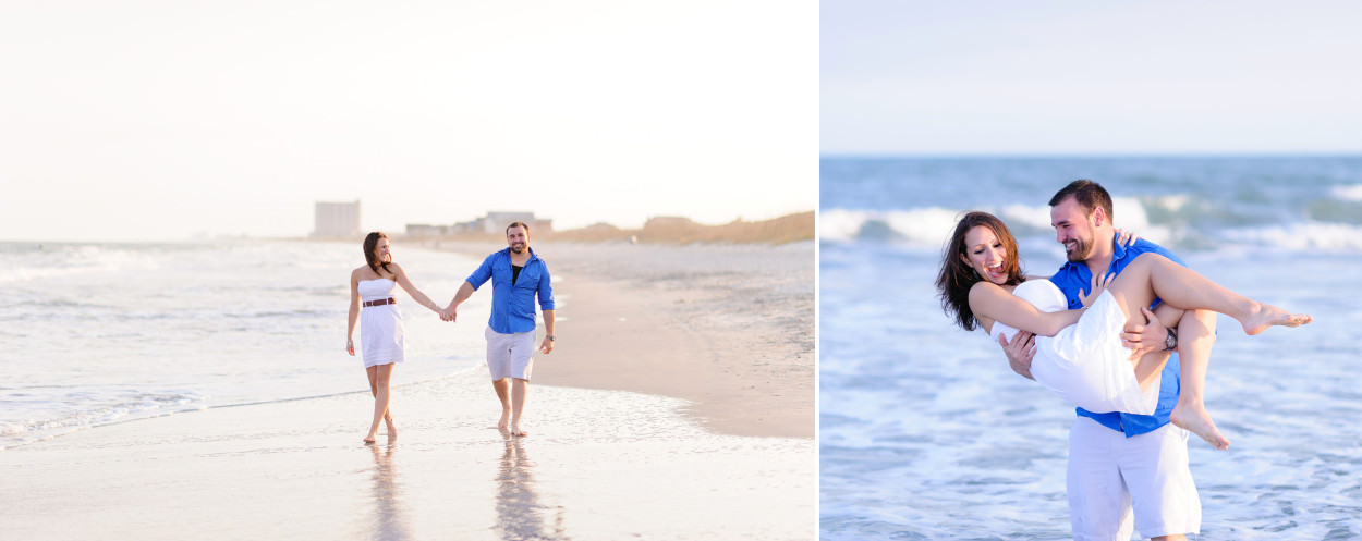 Guy pretending to throw fiance into the ocean