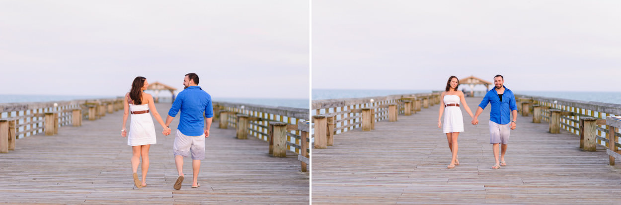 Couple holding hands walking down the Myrtle Beach State Park pier