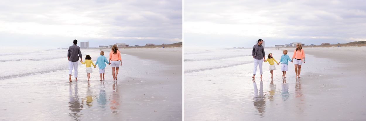 Family of 4 walking down the beach with a reflection in the water