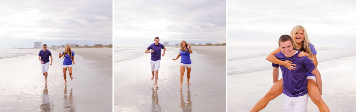 Adult brother and sister running down the beach