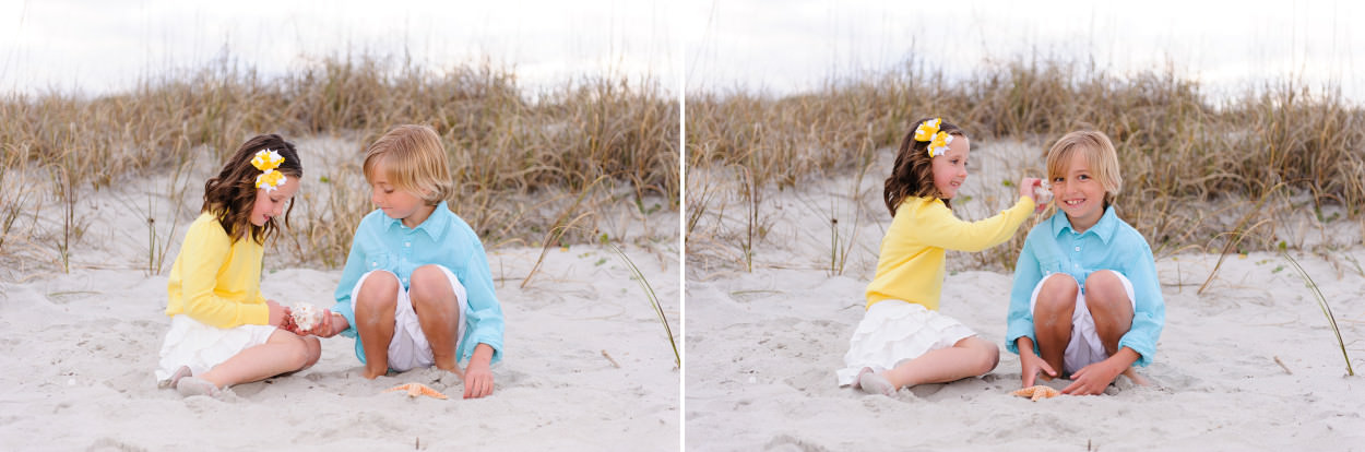 Cute brother and sister playing with sea shells - Myrtle Beach State Park