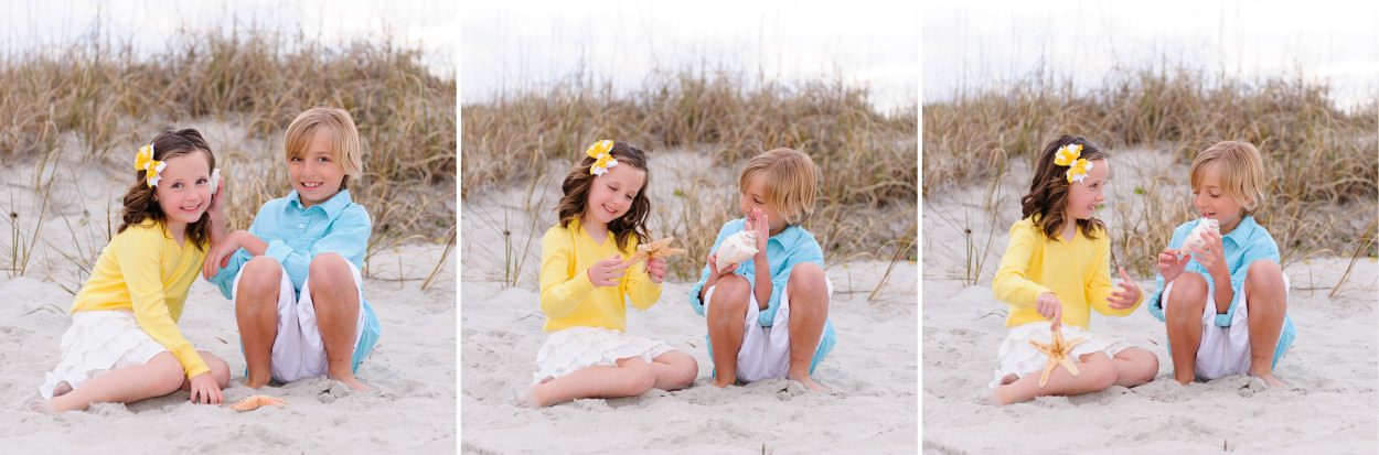 Cute brother and sister playing with sea shells - Myrtle Beach State Park
