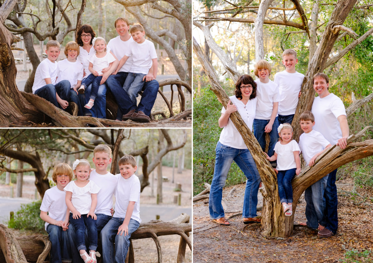 Family with a lot of kids sitting together on an oak tree - Myrtle Beach State Park