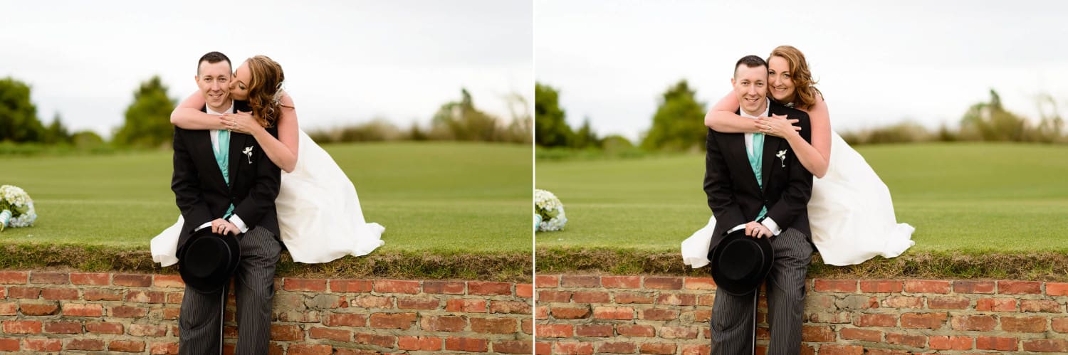 Bride kissing groom from behind