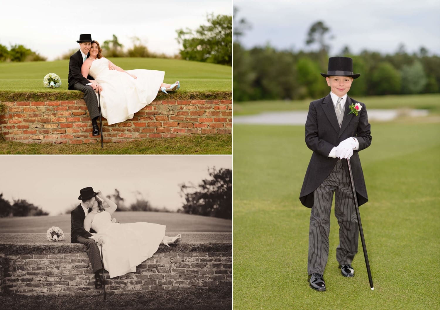 Bride lifting off grooms tophat for a kiss with a vintage photo style