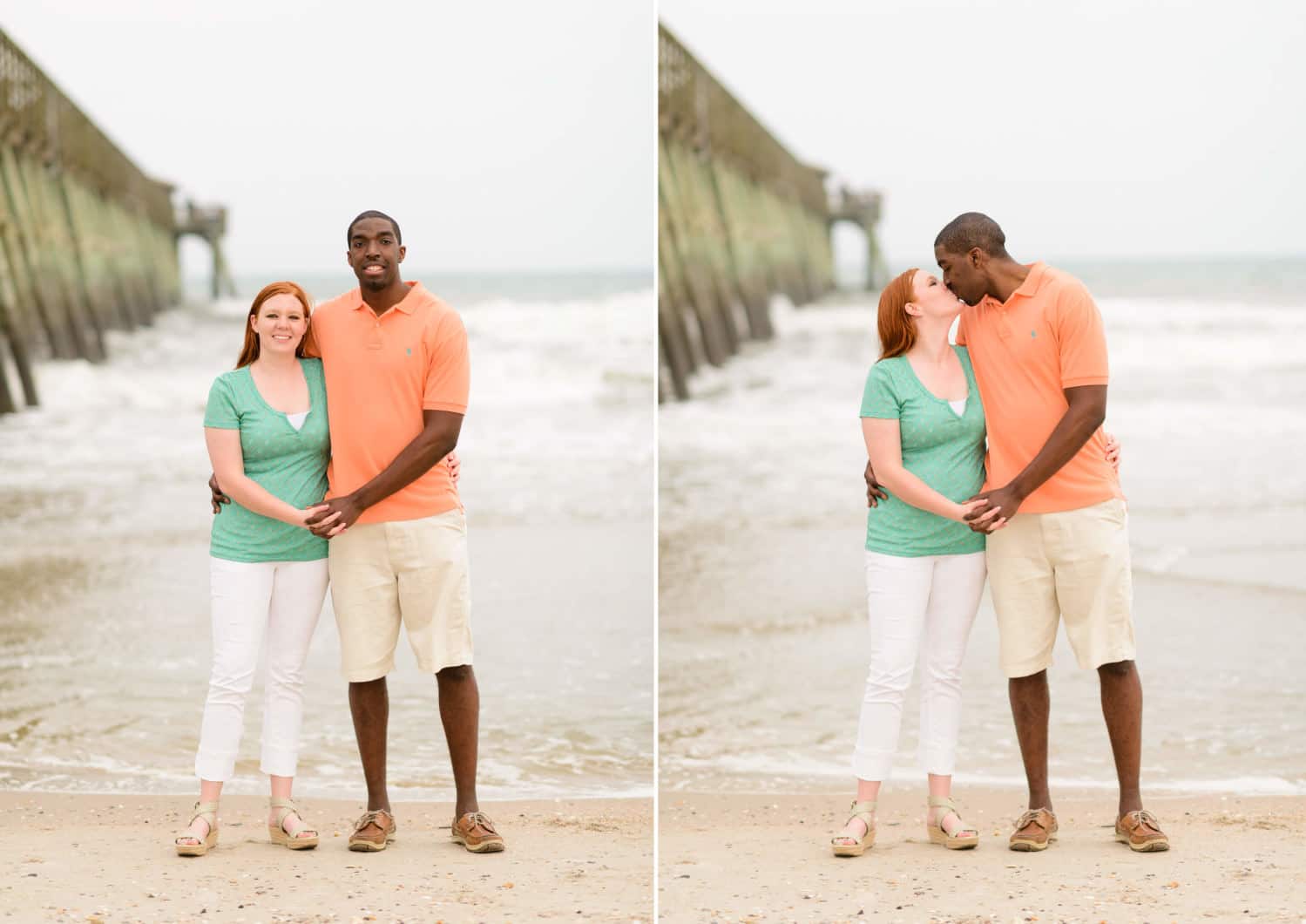 Coupld standing beside each other for engagement portrait in front of the pier