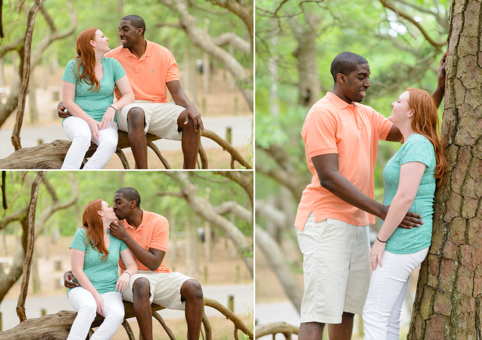 Mixed race couple kissing under the oak trees Myrtle Beach State Park