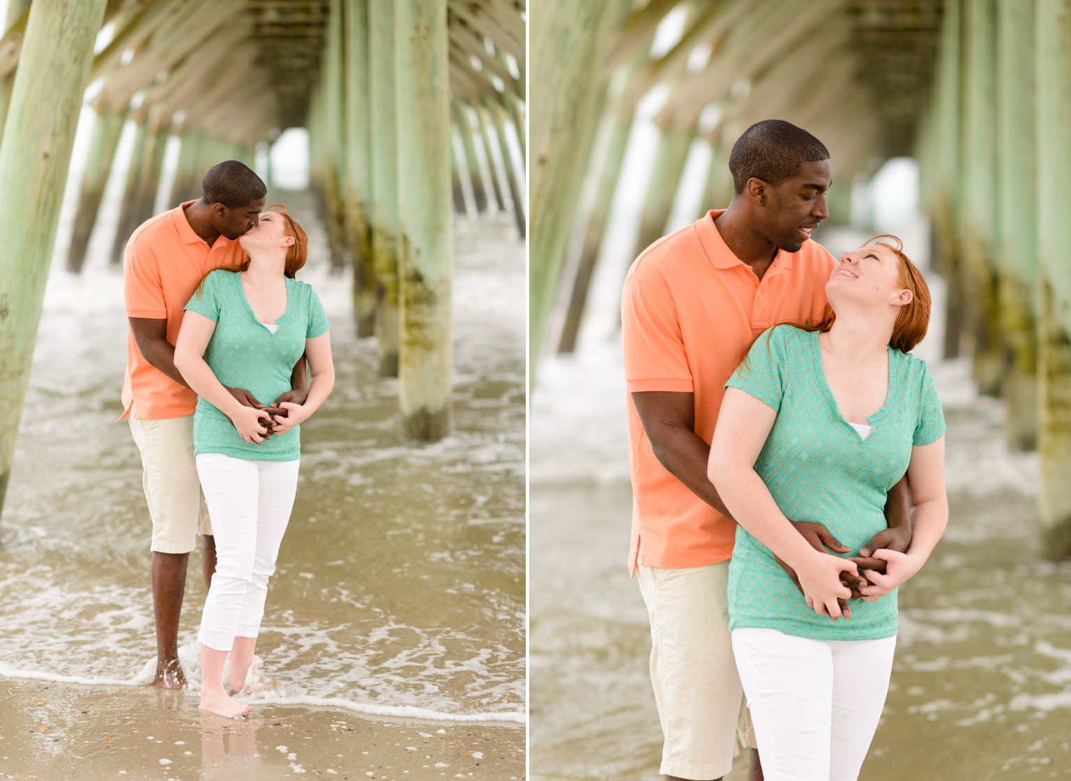 Engagement portraits under the pier at the Myrtle Beach State Park