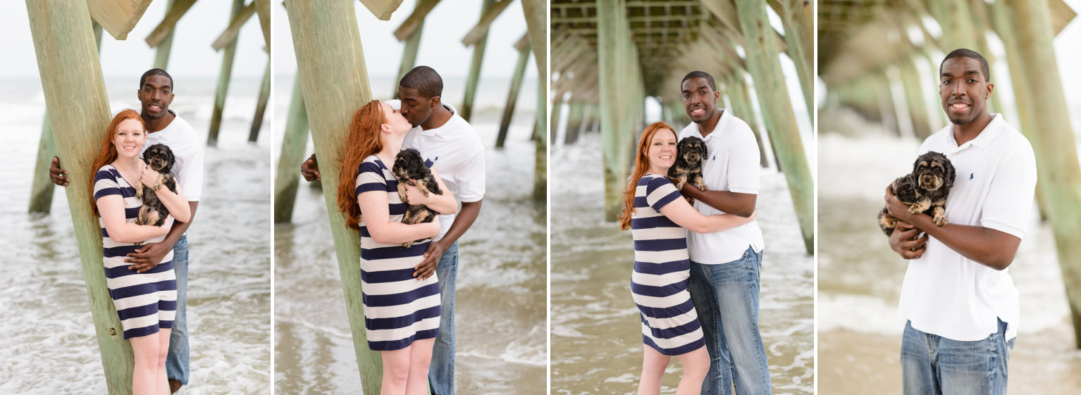 Engagement pictures with couple and thier dog under the pier