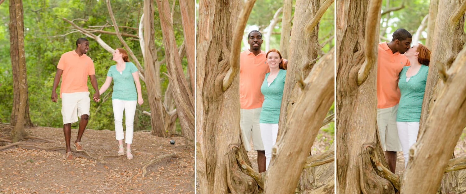 Engagement portrait through the oak trees