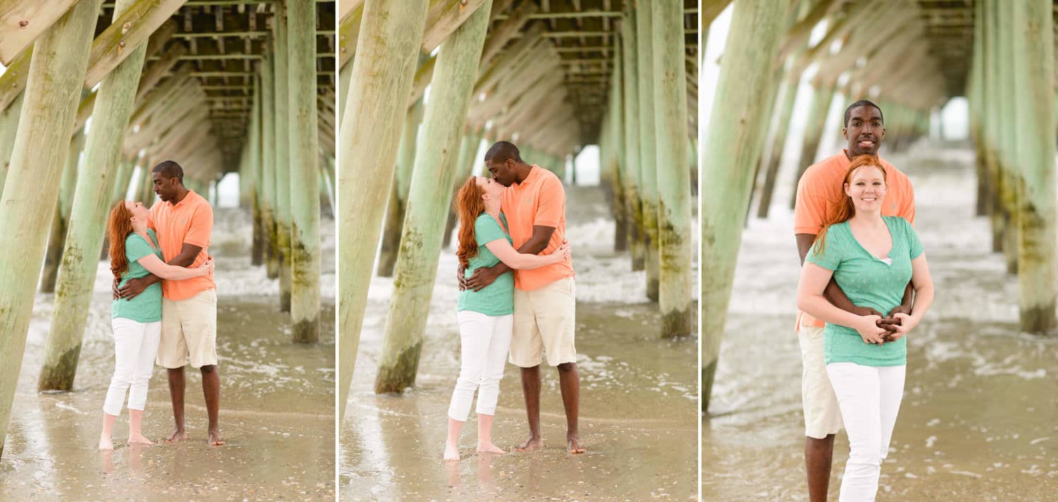 Engagement portraits under the pier at the Myrtle Beach State Park