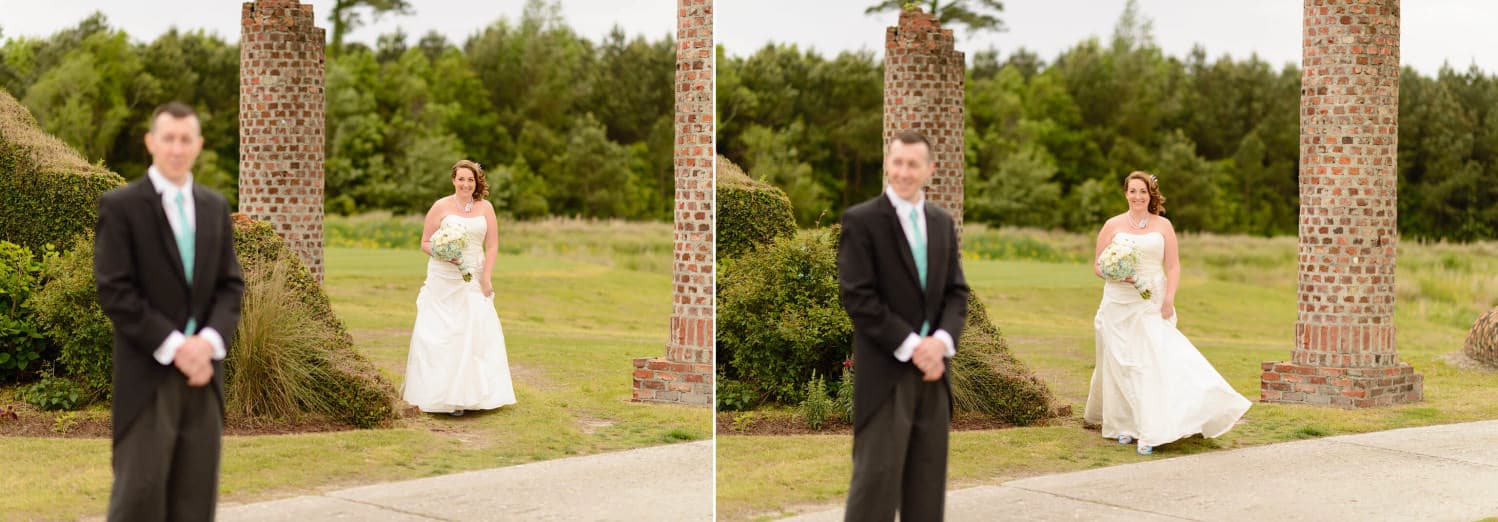 First look with Bride walking towards groom on the Barefoot Love Course