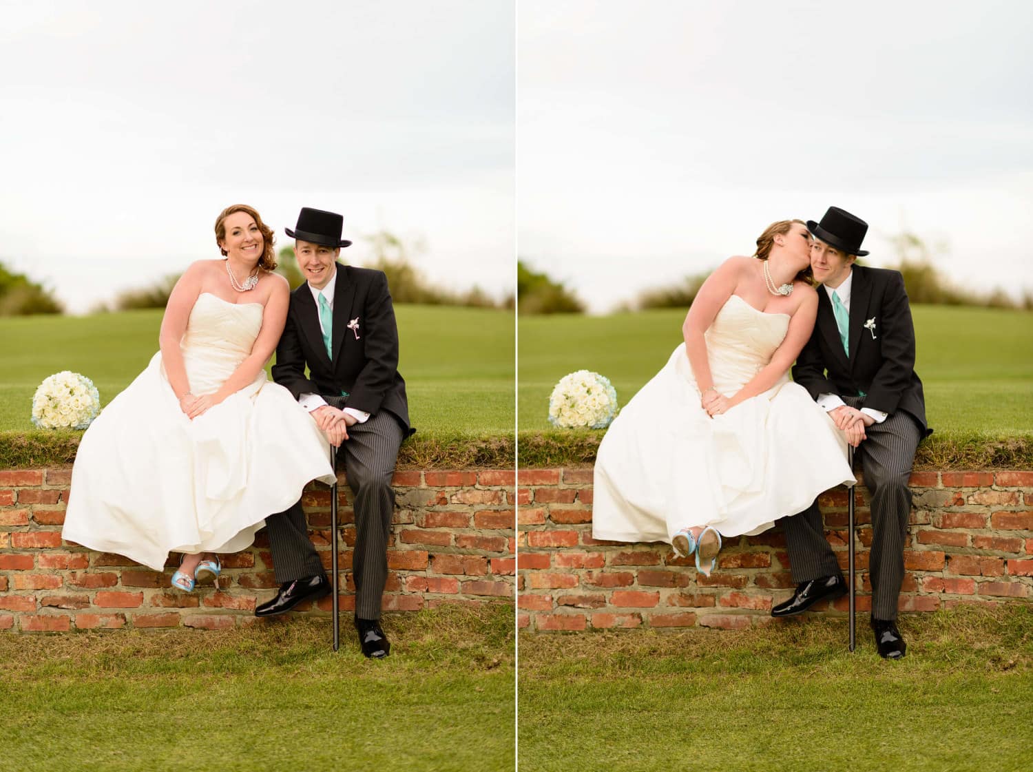 Groom in tophat getting kiss from bride