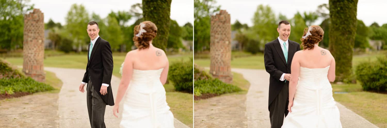 Groom looking back at bride during first look