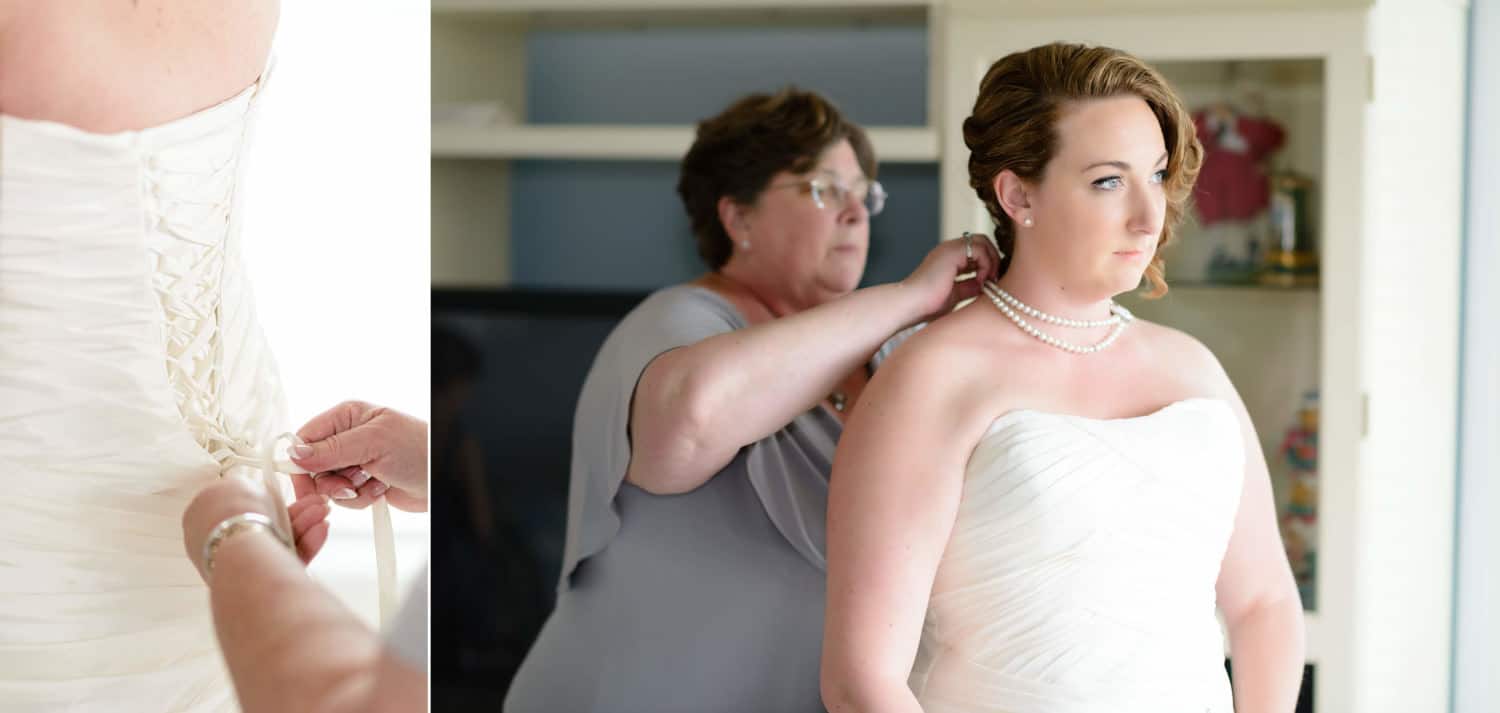 Mother helping bride with wedding dress - Barefoot Resort