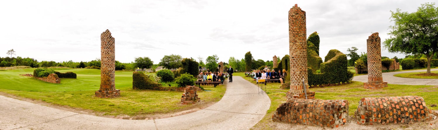 Panorama of the Barefoot Resort Love Course recreated ruins