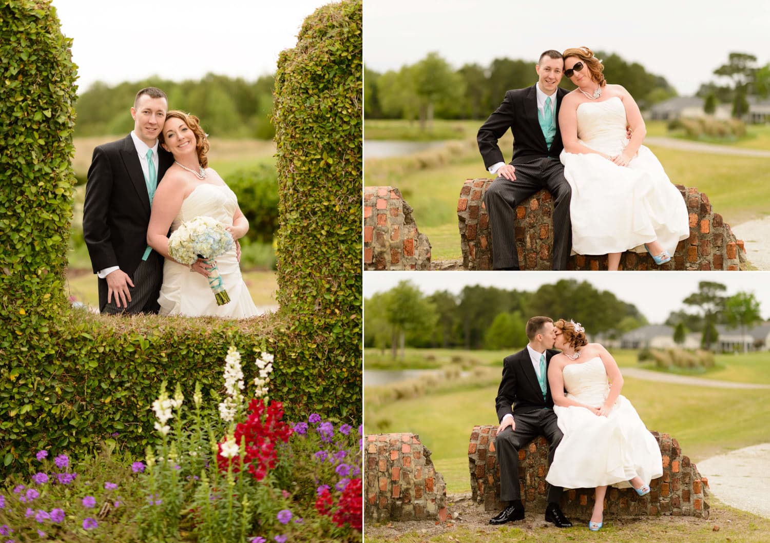 Pictures of couple among the recreated ruins at Barefoot Resort