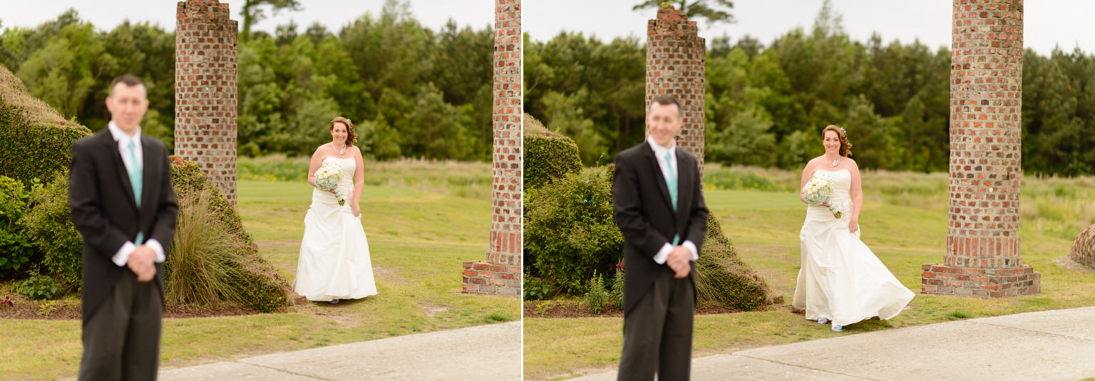 First look with Bride walking towards groom on the Barefoot Love Course