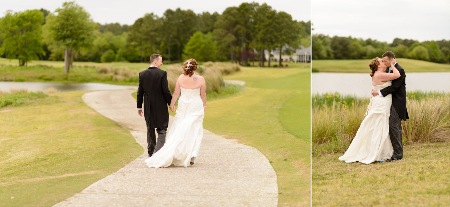 Bride and groom walking down golf course path