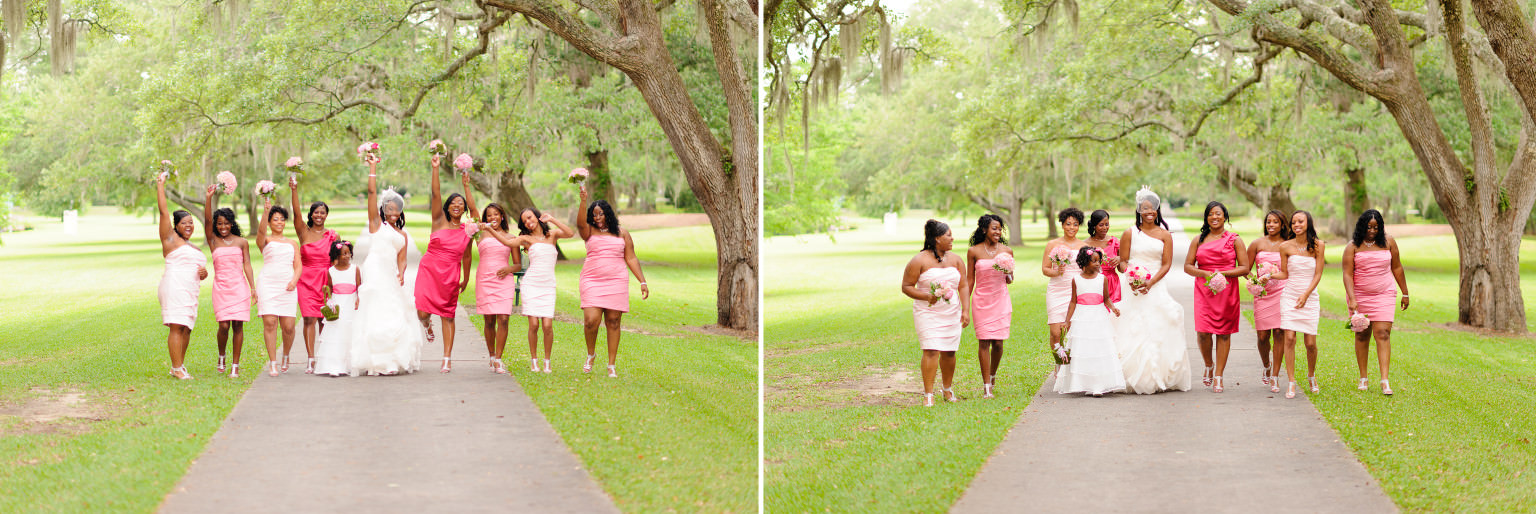Bridesmaids walking together and having fun