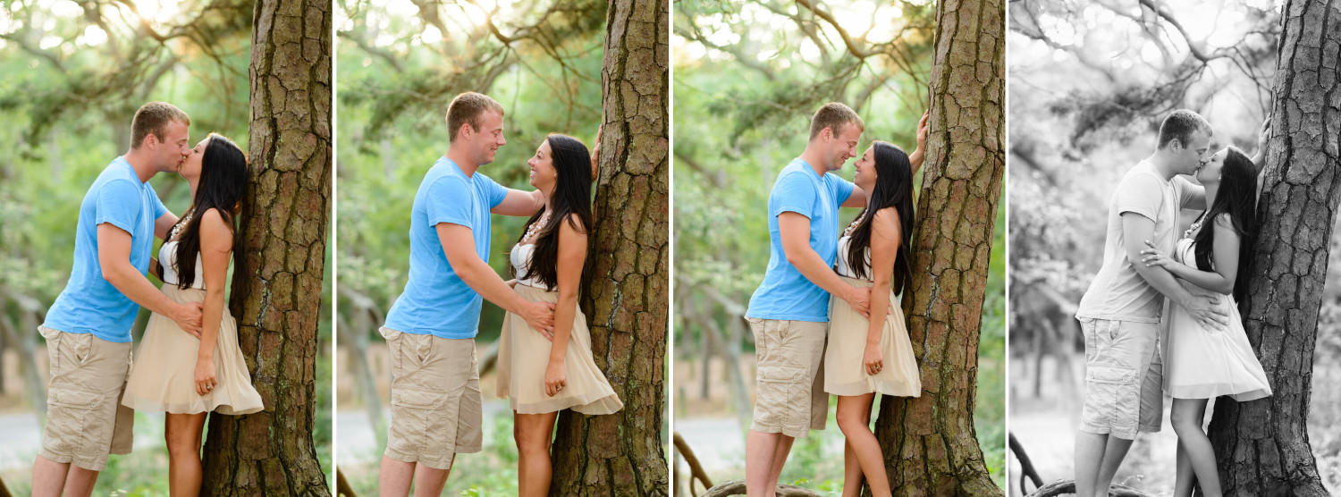 Couple kissing against a tree backlit by the sunset