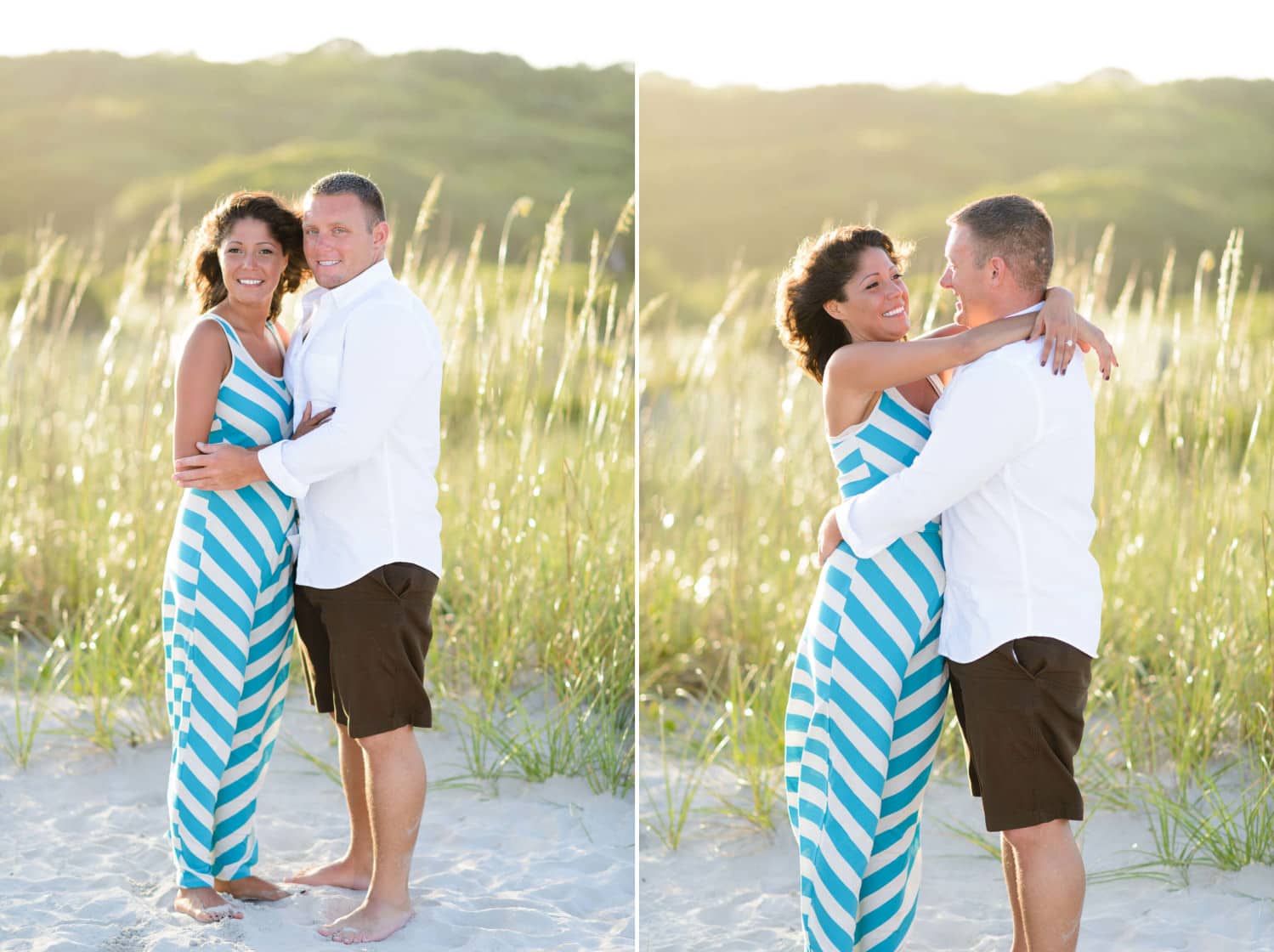 Couple standing in front of the sea oats highlighted by the sunlight - Myrtle Beach State Park