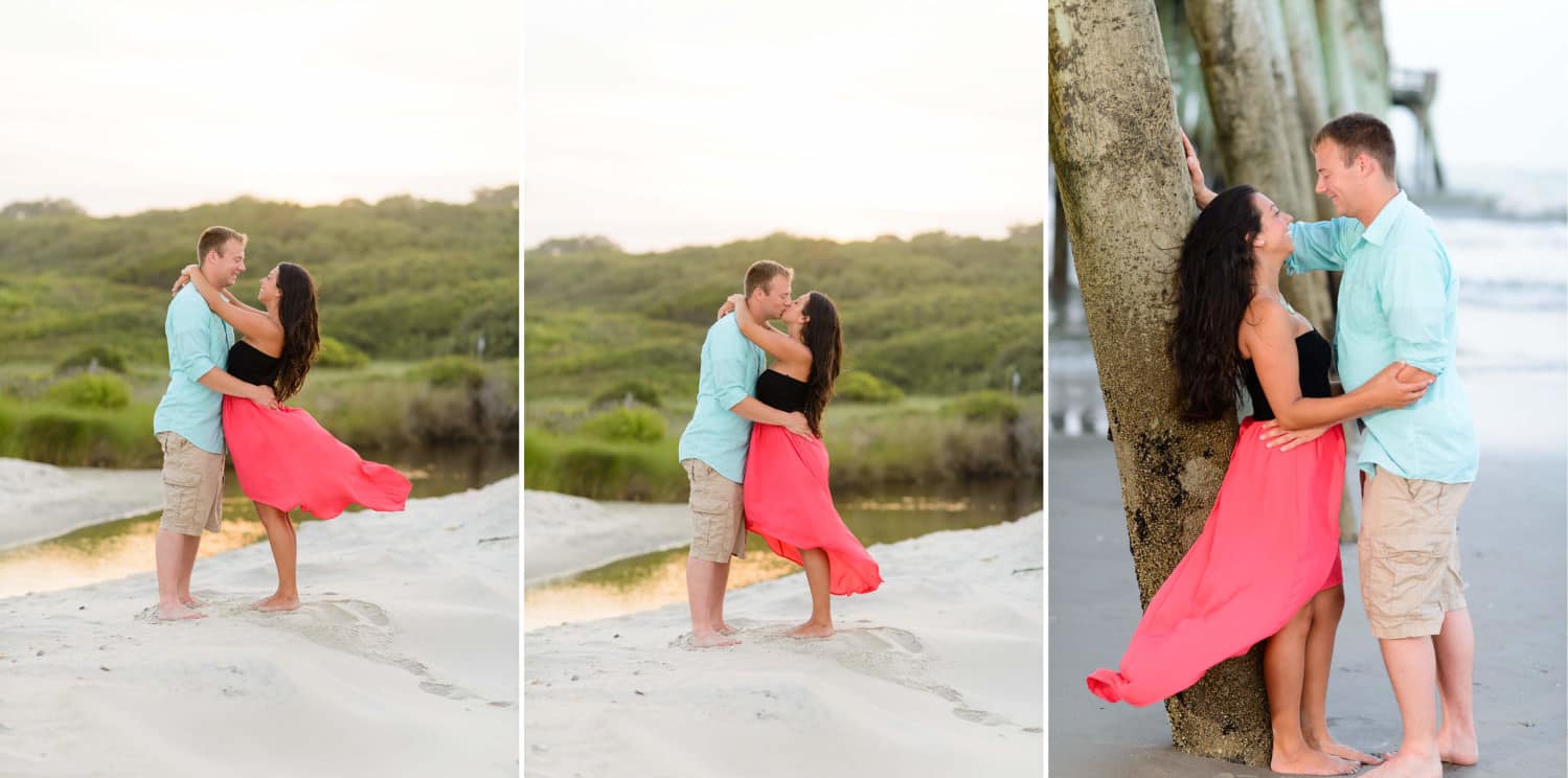 Engagement pictures near the pier in a pink dress