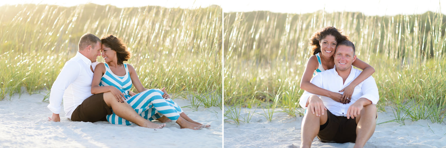 Engagement portraits in front of the sea oats in the sunset