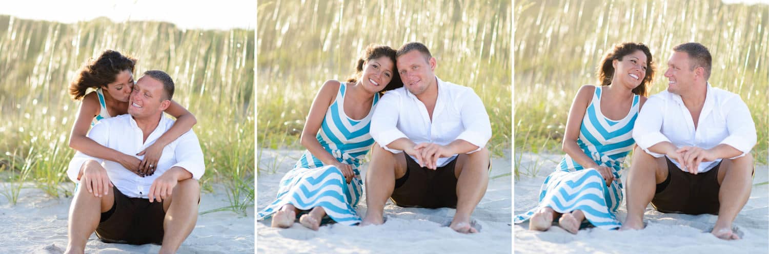 Engagement portraits in front of the sea oats in the sunset